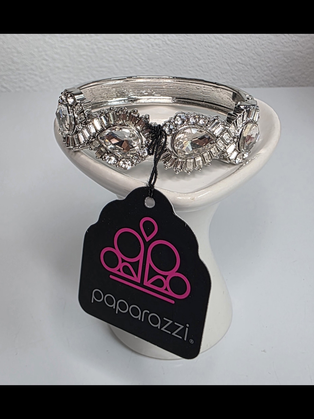 Paparazzi jewelry For the Win Bracelet - White Rhinestone Silver Hinge Bracelet